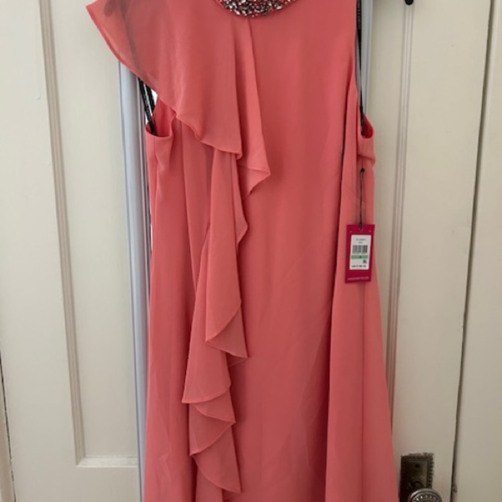 Vince Camuto Coral Asymmetrical Dress with Embellished Neckline